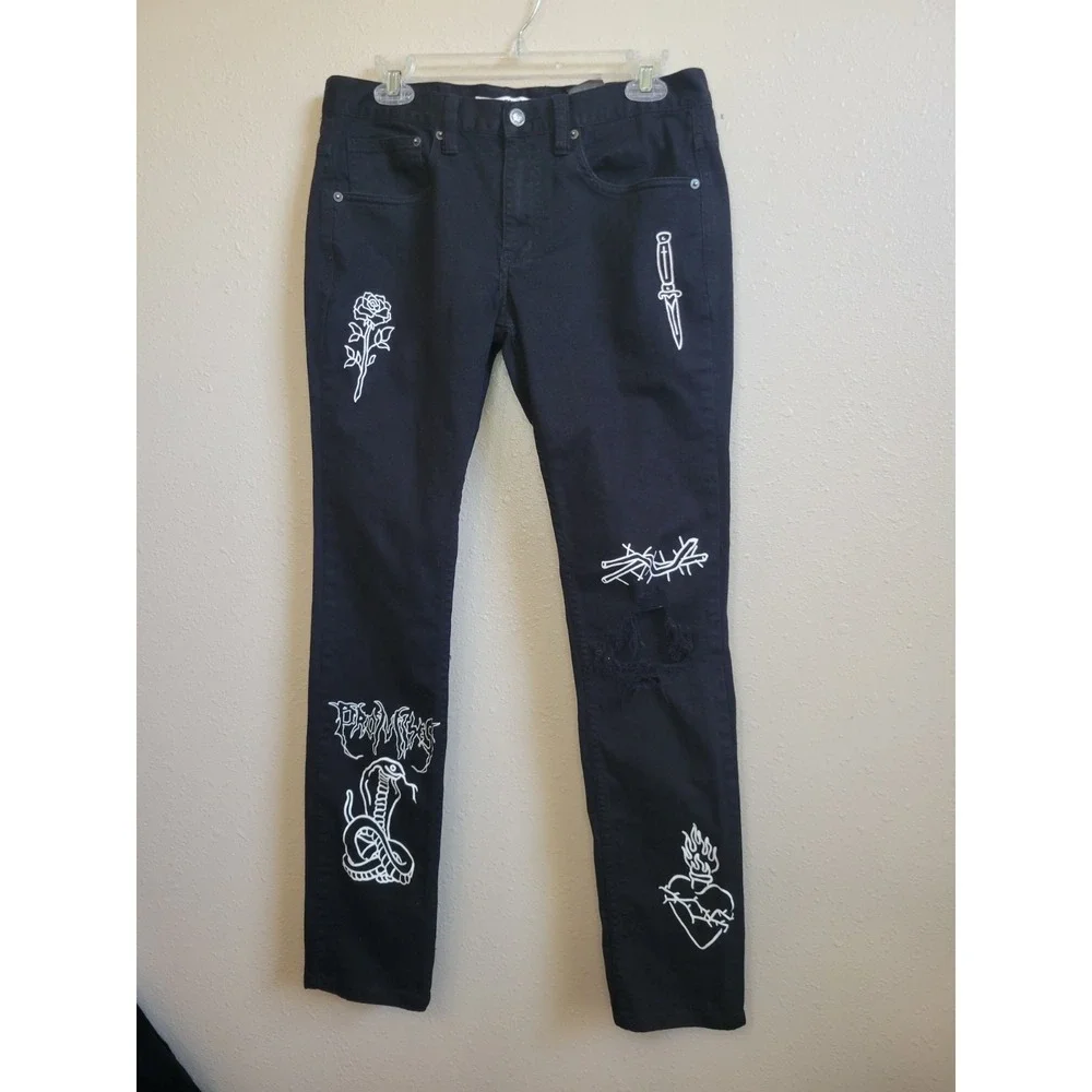 Broken Promises Jeans Men's Size 32 Black Gothic Emo Cobra Rose Ripped Denim Tat